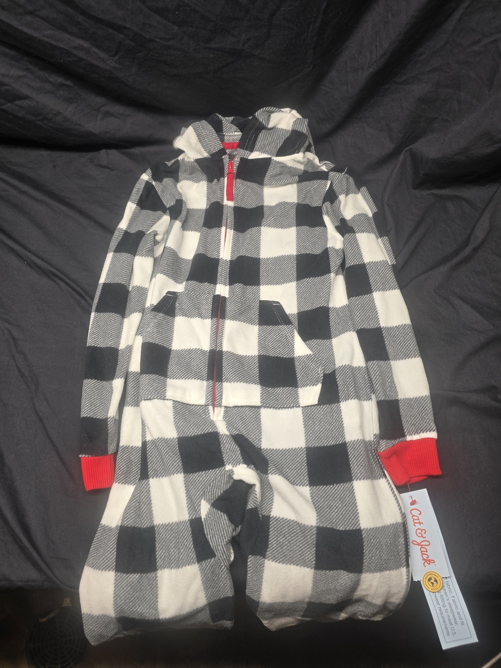 Cat & Jack Kids Hooded Fleece Union Suit Pajamas Buffalo Plaid Black White